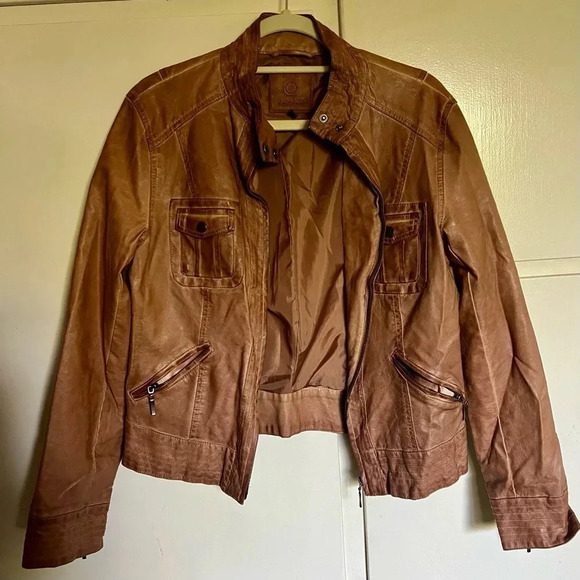 Max Jeans Brown Faux Leather Moto Jacket Size Large - Picture 5 of 12